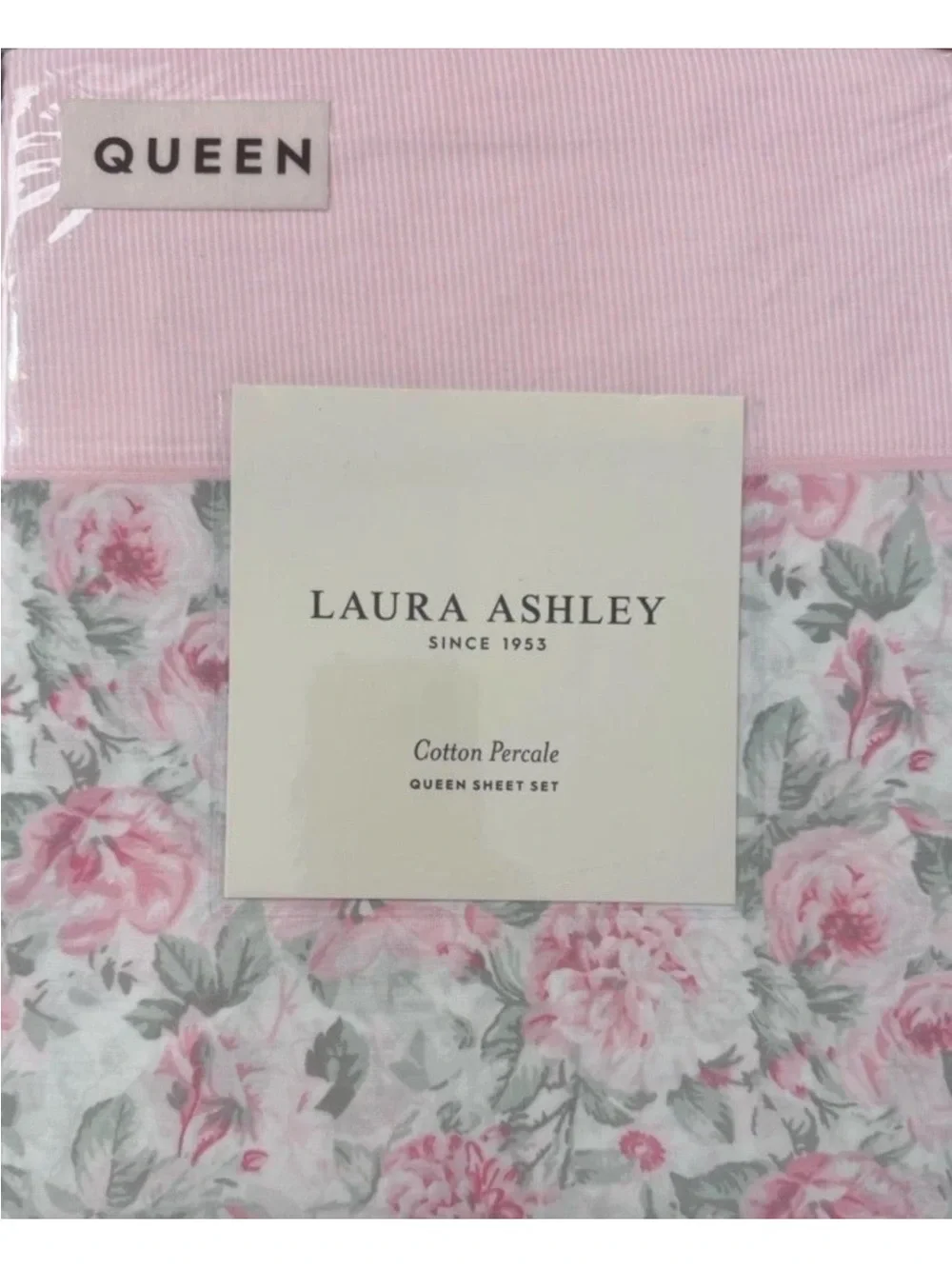Laura Ashley ~ QUEEN ~ Pink Floral & Pinstripe 4 Pc. Sheet Set 100% Cotton